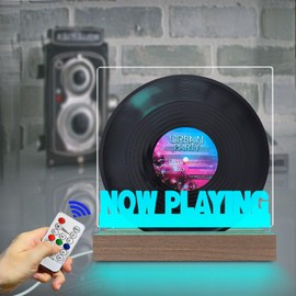 Tabletop Vinyl Record Stand Now Playing Light up Wooden Base Vinyl Holder for Albums CD with Remote 7 Colors Change LED Night Light Creative Gifts for Music Lover Fans Friends Home Decor Bedside Lamp