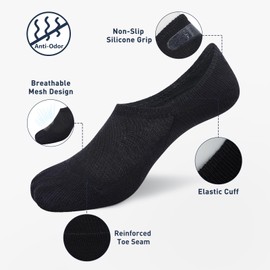 SIXDAYSOX Black Mens No Show Socks 6 Pairs Invisible Low Cut Non Slip Socks Ondo Short Socks for Loafer Sneakers Casual Shoe Size 5-11