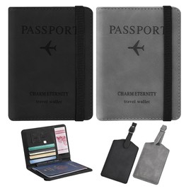 4 PCS Cartera para Pasaporte RFID con Juego de Etiquetas para Equipaje, Porta Pasaporte, Pasaporte Funda para Hombres y Mujeres Cierre Banda Elástica, Los Mejores Accesorios de Viaje (Negro+Gris)