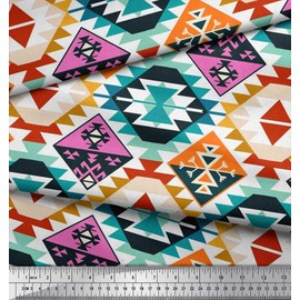 Soimoi Blue Silk Fabric Aztec Kilim Printed Craft Fabric BTY 42 Inch Wide