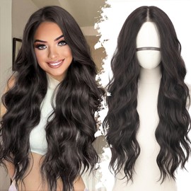 Eawwii Natural Black Long Wavy Wig for Women, Pre-Cut HD Lace Natural Hairline, Glueless Middle Part, Synthetic Fiber for Daily and Party Use 26Inch