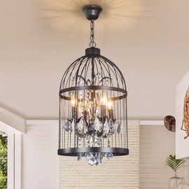 LUOLAX Industrial Vintage Lighting Fixture Black Finish Metal Birdcage Crystal Ceiling Chandelier 4 Lights Hanging Pendant Ceiling Lamp for Kitchen Dining Room
