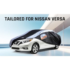 Versa - Funda impermeable para coche para todo tipo de clima con diseño de tira plateada, ajuste personalizado para Versa 20012-2025, accesorio Versa con cierre de puerta y correas resistentes al