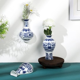 Set of 3 Small Blue and White Chinoiserie Vases Wall Mounted Vases Decorative Ceramic Flower Vases 5.3 Inch 5.7 Inch Classic Vase for Home Decor