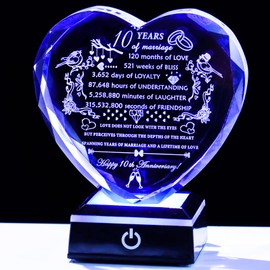 YWHL 10th Anniversary Crystal Gifts with Colorful LED Base Laser Engraved Heart 10th Wedding Anniversary Keepsake Gift for Couples Parents Romantic 10 Years of Marriage Gifts for Wife Husband
