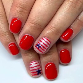 24Pcs 4th of July Press on Nails Short Square False Nails Stars Stripes Design Glue on Nails Red Full Cover Nails Pres ons Glossy Fake Nails Independence Day Artificial Stick on Nails for Women