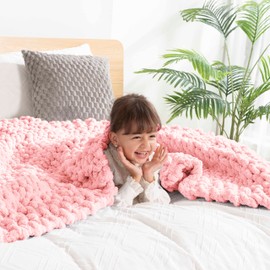 clootess Chunky Knit Blanket Knitted Throw Crochet Chenille Yarn Woven for Bed Sofa Textured Thick Cable Decor (Pink 40x60 in)