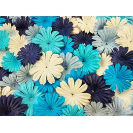 HukDok Daisy Petals Mulberry Paper Flowers Handmade for DIY Crafts Supplies Card Scrapbooking Embellishment,Wedding Supply Accessory (Blue Tone)