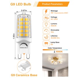 GOHDLAMP 10 Pack G9 LED Bulb Dimmable, 40 Watt Equivalent T4 Chandelier Light Bulbs, 4W 4000K Neutral White 450 Lumen, Ceramic Bi-pin G9 Base Replacement for Home Lighting