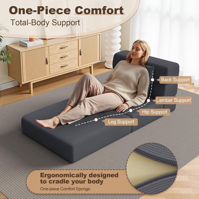 Folding Sofa Bed, One-Piece High-Density Foam Sleeper Chair, Grey, Single