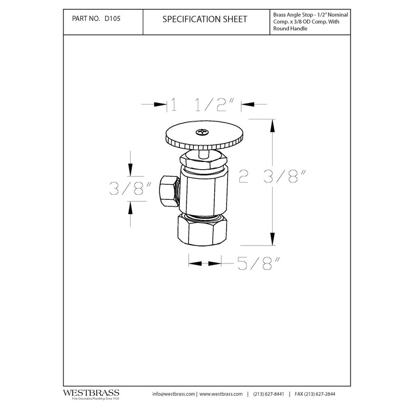 Westbrass Shut Off Valve Round Handle Angle Stop 1/2-inch Copper