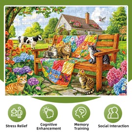 300 Pieces Puzzles for Adults,Cats Cow Animal Puzzle for Adults,300 Pieces Puzzles for Seniors Large Piece,Quilt House Jigsaw Puzzle for Kids Ages 8-10,Challenging Family Game, 20.5x15 in