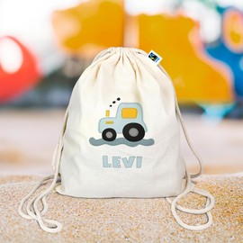 Manilu Gym Bag with Animal Motif and Name of Your Choice, Made of Organic Cotton, Backpack, Sports Bag, Laundry Bag, Children, Gift, Tractor Blue