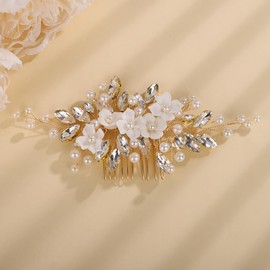 Teyglen Gold Rhinestone Flower Wedding Hair Comb Bridal Crystal Pearl Hair Comb White Flower Headpiece Floral Hair Jewelry Accessory for Women(Gold)