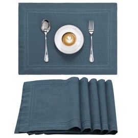 JEMIDI Set of 6 Place Mats with Hemstitch - 6 Cotton Placemats - 6 x Place Mats Made of Linen Look Fabric - Table Sets Placemats - Blue