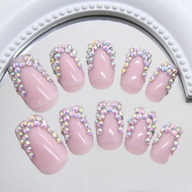 Pink Press on Nails Medium Square Fake Nails with Rhinestones Designs Glitter French Tip Nails Press ons Glossy Glue on Nails Daily Wear Nature False Nails Acrylic Stick on Nails for Women 24Pcs