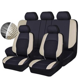 HORSE KINGDOM Leather Car Seat Covers, 3D Air Mesh Universal Seat Cover Full Set for Truck,Suvs,Sedans,Breathable Faux Leather with Airbag(Black and Beige)