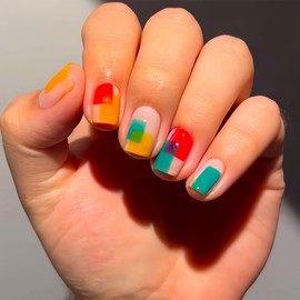 Short Square Press on Nails Color Block Designs Fake Nails Rainbow Summer False Acrylic Nail Glossy Artificial Nails Full Cover Nails Press on Reusable Glue on Nails for Women Man 24Pcs