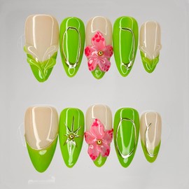Luxury Press on Nails Medium Almond Handmade 3D Unique Reusable ABS Material Fake Nails Green False Nails with Designs Gold Curve Line Pink Floral Art Petal Glossy Glue on Nails Thick Acrylic Nail(M)