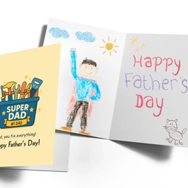Super Dad Father’s Day Card – “Dad, You Fix Everything” Toolbox Design – Funny Card from Kids or Wife – Blank Inside to Draw – Includes Envelope & Stickers – 5x7 Card for Handy Dads