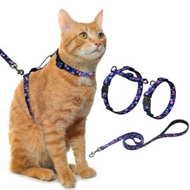 Hikiko Cat Harness and Leash Set Escape Proof Adjustable Walking Travel Cute Kitten Harness for Small Medium Large Cats (Navy Blue Floral, S)