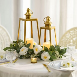 Staymoment Gold Lanterns Decorative Outdoor Set of 2：Indoor Farmhouse Trapezoid Candle Holder Hanging Lanterns for Table Centerpieces Front Porch, 14" & 12" Home Decor