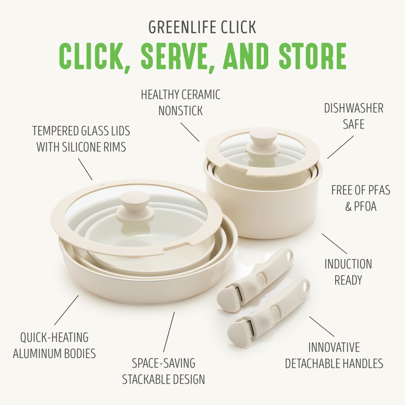 GreenLife 10 Piece Nonstick Pots & Pans Set, Detachable Handle