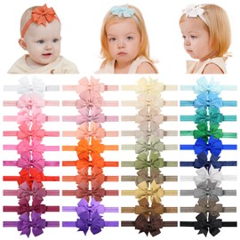 jollybows 40pcs Baby Girls Grosgrain Ribbon Hair Bows Headbands 3" Hair Band Hair Accessories for Infants Newborn Toddler (3- Natural Multi-colored)