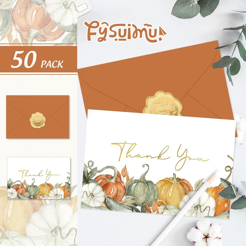 FYSUIMU 50 Pack Fall Thank You Cards Boxed Floral Pumpkin