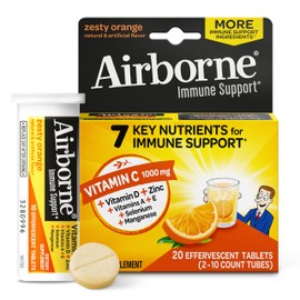 Airborne 1000mg Vitamin C With Zinc Effervescent Tablets, Immune Support Supplement With Powerful Antioxidants Vitamins A C & E - 20 Fizzy Drink Tablets, Zesty Orange Flavor