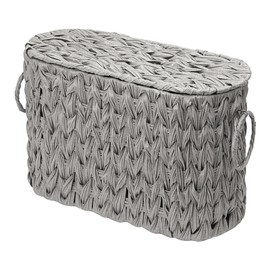 Toilet Paper Storage Basket with Lid, Narrow Bathroom Organizer for 6 Mega Rolls, Waterproof Wicker Look Plastic Basket with Handles, Toilet Tank Top Holder, Farmhouse Bathroom Storage Bin (Gray)