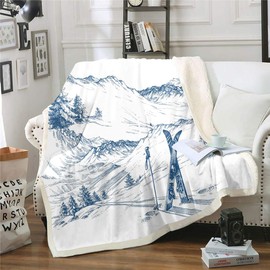 Ski Sports Throw Blanket Queen Size Boys Kids Teens Soft Cozy Plush Fuzzy Blanket Winter Sports Ski Theme Sherpa Blanket Snow Mountain Landscape Bed Blanket,for Living Room Bedroom Dorm Decorative