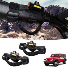GAIZON 2 Pack Grab Handles Roll Bar Paracord for Jeep Wrangler Accessories Sahara Freedom Rubicon CJ YJ TJ JL JK LJ JLU JKU,Gladiator JT 1955-2023 Interior Accessory,Grip Handle with LED Light(Black)