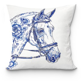 uinwk Chinoiserie Blue and White Decor, Blue Flower Horse Pillow Covers 18x18, Given to Horse Lover Gifts, Horse Decor Pillow Cover for Living Room Bedroom Office Decor