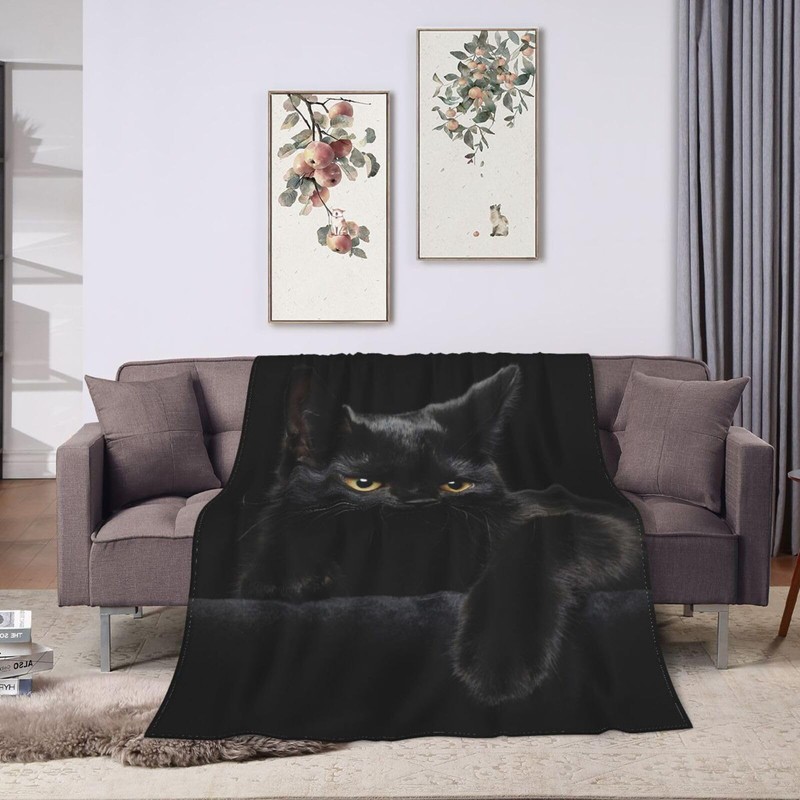 Black Cat Flannel Throw Blanket Lightweight Soft Warm Bed Throws