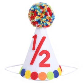 LINLULU - Sombrero de medio cumpleaños para niño, mini sombrero de fiesta de cumpleaños de colores primarios, sombrero de cumpleaños de 1/2 con pompones de lana coloridos, sombrero de cumpleaños para perro, decoraciones de medio cumpleaños
