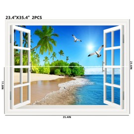 THNWSY 3D Self-Adhesive Painting Fake Window Wall Stickers Tropical Island with Palm Trees Wall Mural Window View Wall Decor for Home (23.6"×35.4", Palm Beach)