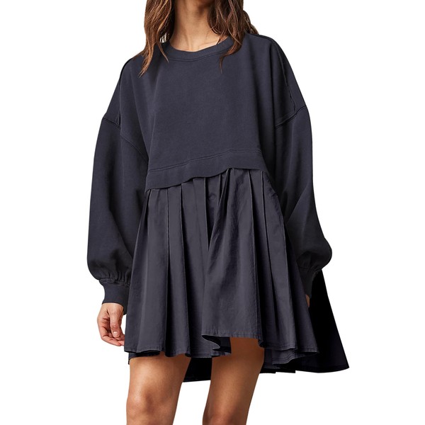 Ugerlov Womens Oversized Sweatshirt Dress Long Sleeve Crewneck Pullover Tops Relaxed Fit Sweatshirts Flowy Short Mini Dress, Black/Black M