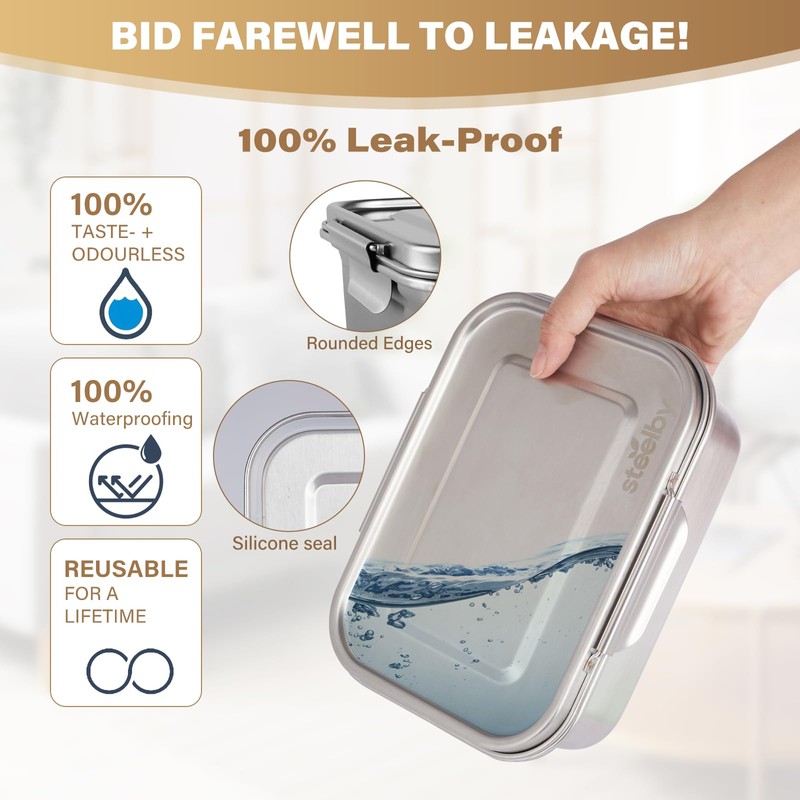 STEELBY Stainless Steel Lunch Box - Leak-Proof Bento Container with