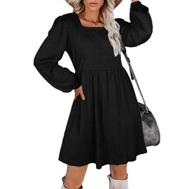 Aokosor Aokosor Black Midi Dresses for Women Long Sleeve Knit Dress Knee Length Babydoll Tunic Dresses Size 10-12