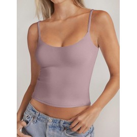 PINKMSTYLE Double Lined Scoop Neck Camisole Tops for Women Adjustable Spaghetti Strap Tank Yoga Tops Gray Pink Small