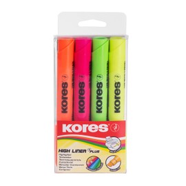 Kores - High Liner Plus: Fluorescent Highlighter Pens, Chisel Tip and Water-based Ink, School and Office Supplies, Set of 4 Assorted Colours