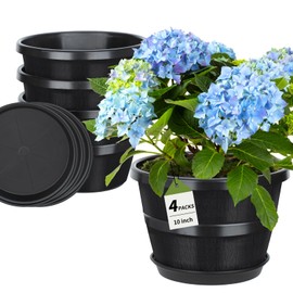 UNEED 10 inch Plant Pots, 4 Pack Plastic Flower Pots with Drainage Holes & Saucers, Retro Outdoor Indoor Garden Planters for Plants, Patio, Lawn Decor (Black)