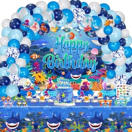 LXlucktim Under The Sea Party Decorations, 136 Pcs Ocean Shark Birthday Party Decorations Supplies for Boy Girl - Backdrop, Toppers, Tablecloth, Centerpieces, Hanging Swirl, Glasses