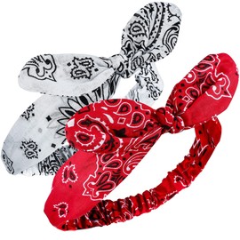 Hicarer 2 Pcs Bandana Headband for Women, Knot Retro Paisley Print Bandana 4th of July Patriotic Headband Adjustable Headwrap(Red, White)