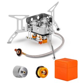 5000W Camping Stove, Backpacking Windproof Camp Stove with Piezo Ignition Carrying Case and 2 Additional Adapters, Compatable with Isobutane, Propane, Butane Tanks, Portable and Collapsible.