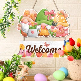 Ausril Spring Wall Decor,Gnomes Hanging Sign,Spring Welcome Sign for Front Door,Easter Wooden Decor Wall Plaque,Butterfly Flower Wreath Gnome Door Hanger For Outdoor Indoor Yard Farmhouse Porch Decor