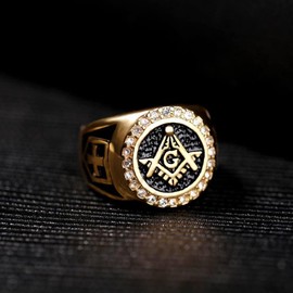 MayiaHey Bling Masonic Symbol Ring, Rhinestone Masonic Ring For Men, Goldmaster Mason Ring Sparkling Masonic Jewelry, Shield Cross Masonic Ring Punk Masonic Compass Ring For Boys, Non-precious metal