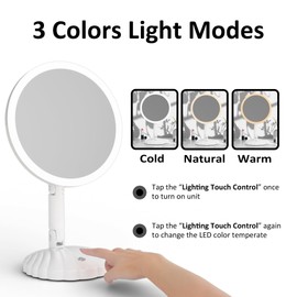 MIVCIOK Portable Travel Vanity Mirror with Lights,Interchangeable Mirror Design,1/15X Magnifying Mirror,Stepless Adjustable Lighted Makeup Mirror,3 Color Modes,Desk or Travel Use