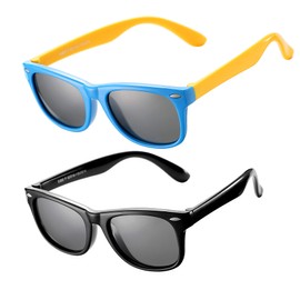 AZorb Kids Polarized Sunglasses TPEE Rubber Flexible Frame for Boys Girls Age 3-8, 100% UV Protection, C3 2pack ( Black/Grey + Blue Yellow/Grey ), Small